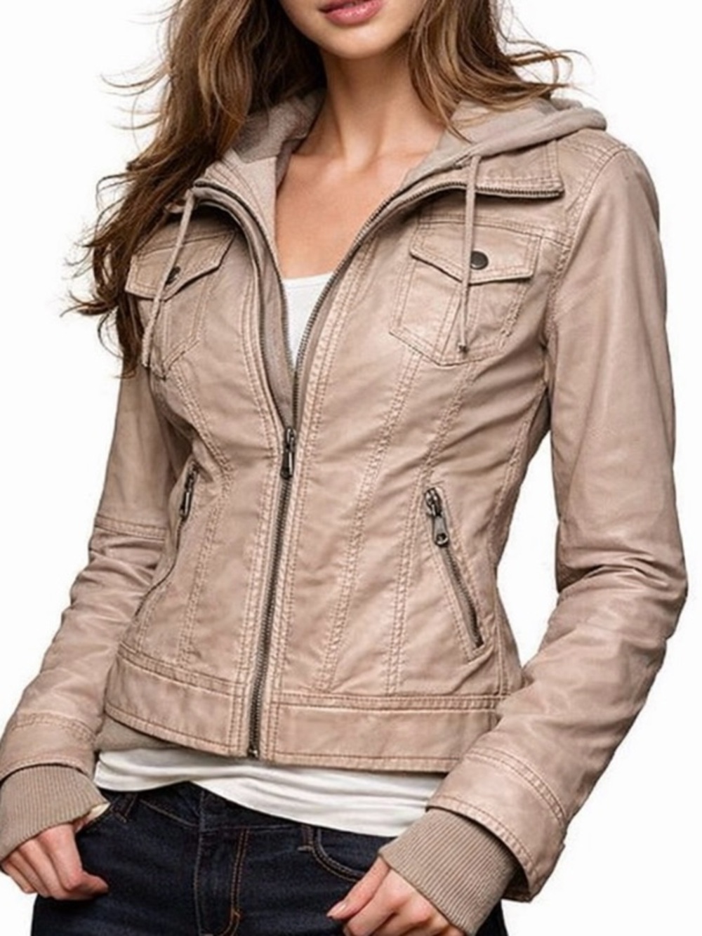 Coalition LA Vegan Leather Moto Jacket Taupe Hooded L NWT